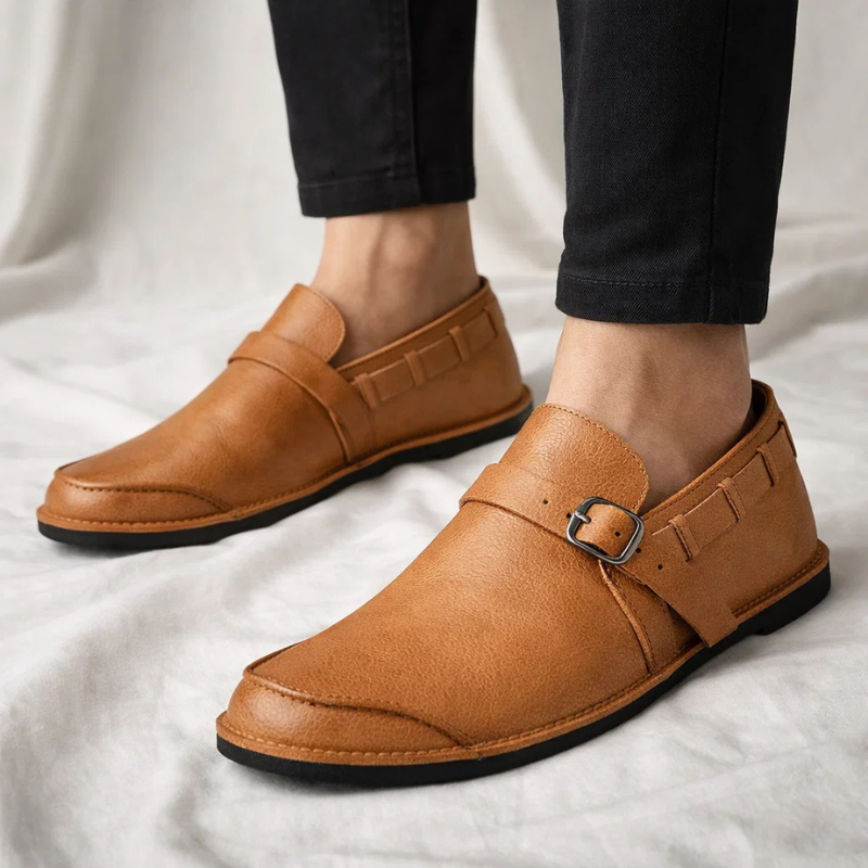 Polished leather men's comfort loafers, sleek design with buckle. Perfect versatile slip-on shoes for everyday elegance.