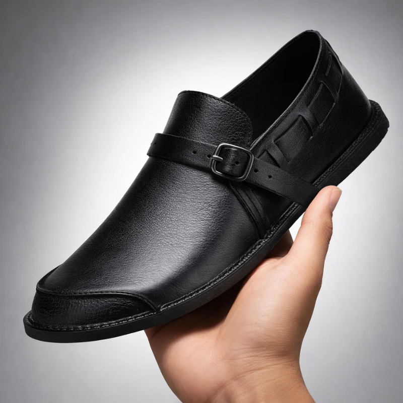Men's comfort loafers from a side view, showcasing sleek design & buckle detail. Polished slip-on dress shoes.