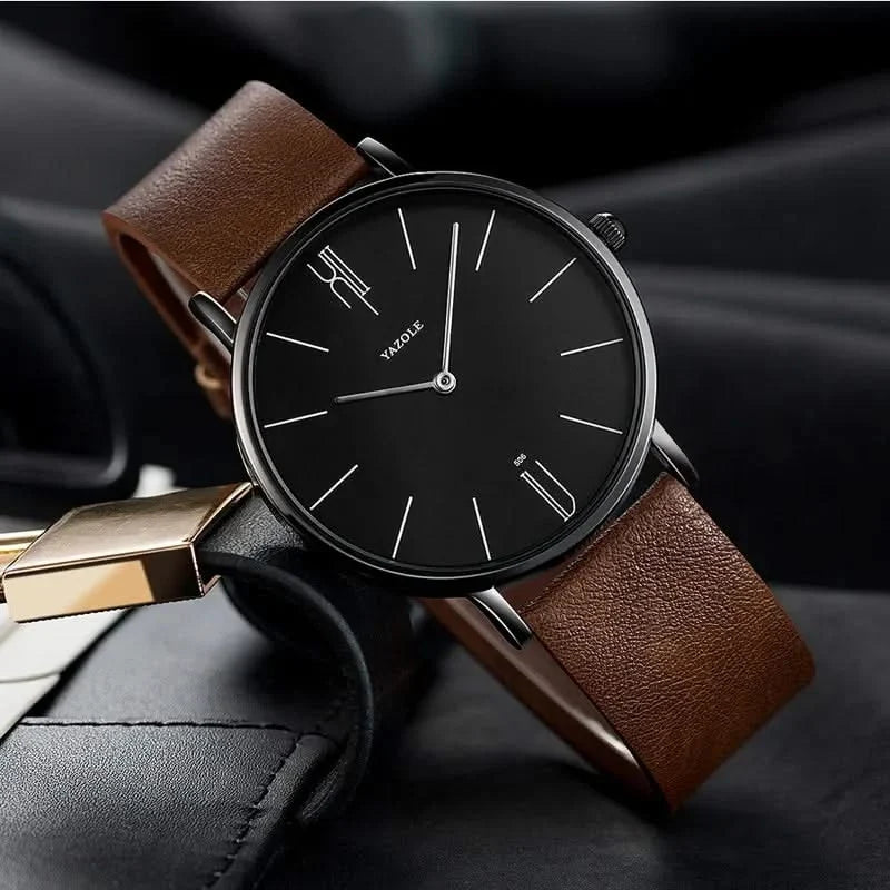 Men's sleek minimalist dress watch, black leather strap & polished stainless steel case.