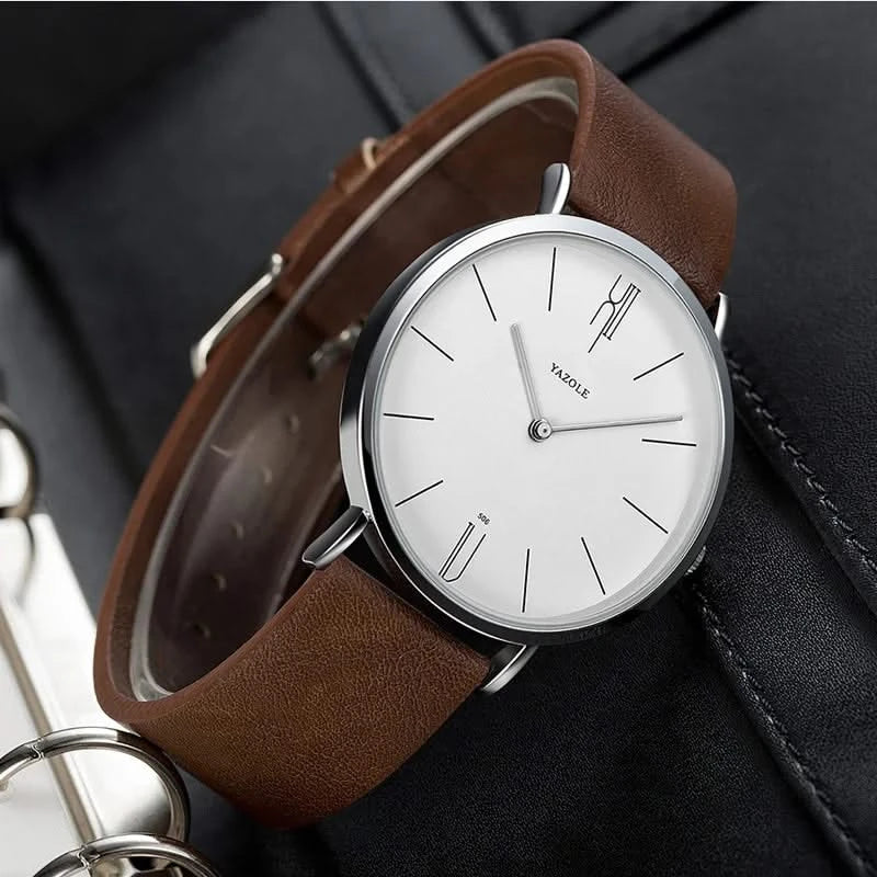 Everyday men's fashion watch, minimalist black dial, genuine leather strap, suitable for office or casual.
