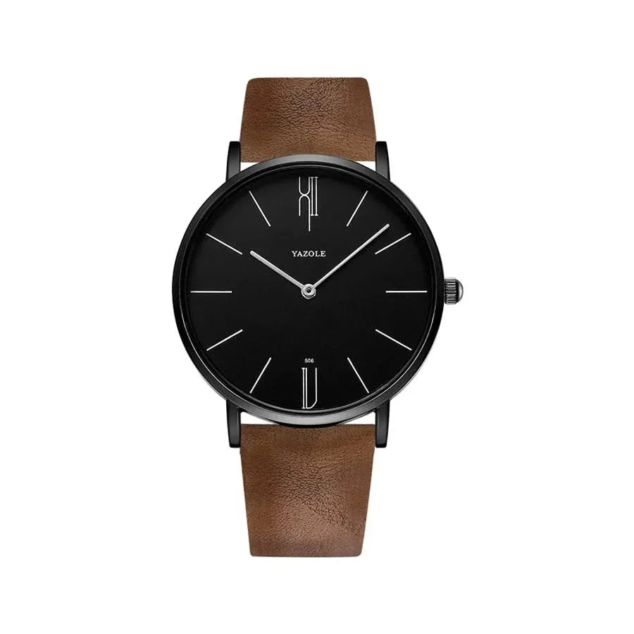 Sleek men's minimalist dress watch, polished stainless steel case, durable black leather band.