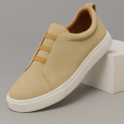 Stylish stone men's slip-on sneakers, modern Chelsea style footwear for everyday comfort & fashion.
