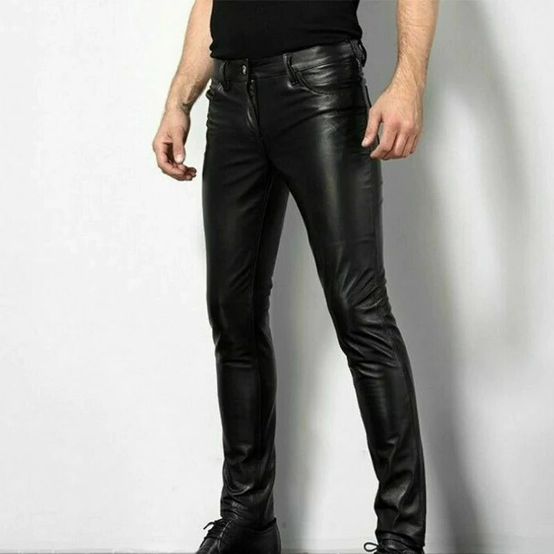 Men's sleek slim fit black leather pants, perfect for modern style & versatile fashion. Elevated men's trousers.