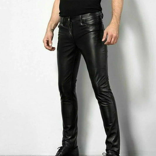 Men's sleek slim fit black leather pants, perfect for modern style & versatile fashion. Elevated men's trousers.