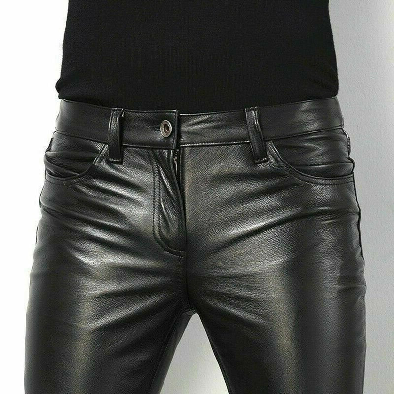 Elegant men's slim fit leather trousers. Sleek design for formal or casual wear, enhancing men's modern fashion.