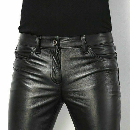 Elegant men's slim fit leather trousers. Sleek design for formal or casual wear, enhancing men's modern fashion.