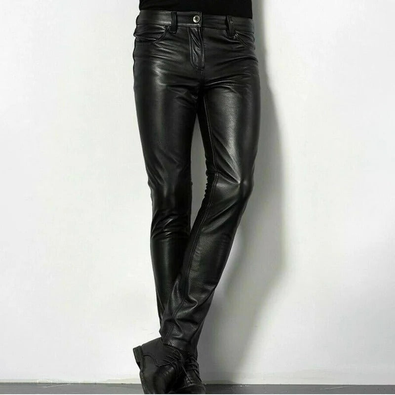 Men's modern slim fit leather pants for sleek, versatile style. Ideal men's fashion trousers for any occasion.
