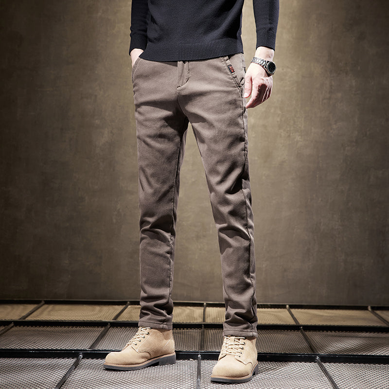 Khaki men's slim fit casual pants, comfortable and wrinkle-resistant for everyday wear and smart casual style.