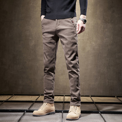 Khaki men's slim fit casual pants, comfortable and wrinkle-resistant for everyday wear and smart casual style.