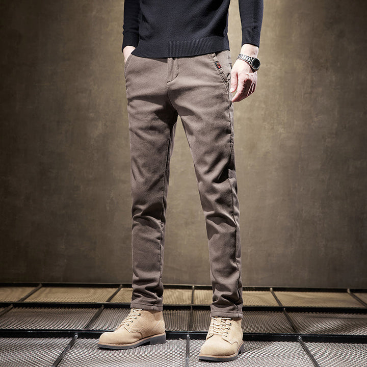 Khaki men's slim fit casual pants, comfortable and wrinkle-resistant for everyday wear and smart casual style.