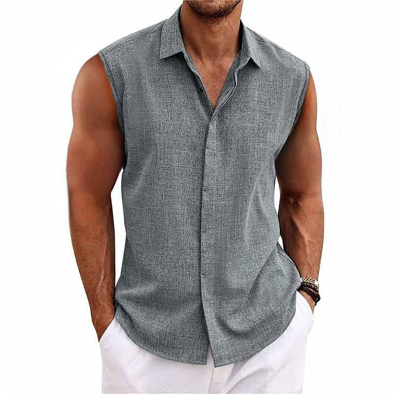Men's sleeveless button-down shirt, relaxed fit for summer comfort. Ideal casual tank top for warm weather.