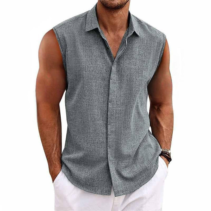 Men's sleeveless button-down shirt, relaxed fit for summer comfort. Ideal casual tank top for warm weather.