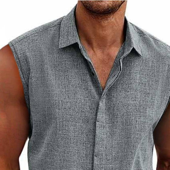 Stylish men's sleeveless button-down tank top. Relaxed fit casual shirt, perfect for beachwear & summer fashion.