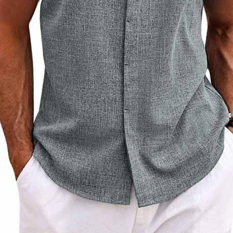 Casual men's sleeveless button-down shirt. Relaxed fit tank top, comfortable for outdoor summer activities.