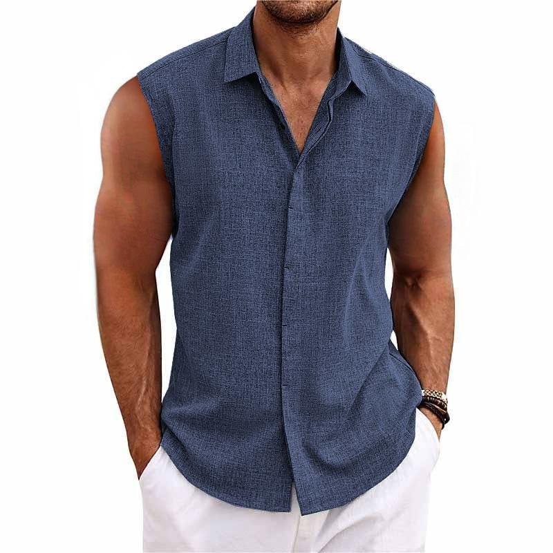 Men's relaxed fit sleeveless button-down shirt, a comfortable summer tank top for warm weather style.