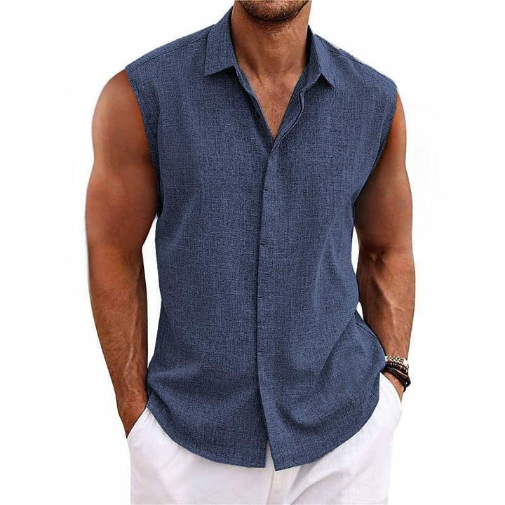 Men's relaxed fit sleeveless button-down shirt, a comfortable summer tank top for warm weather style.