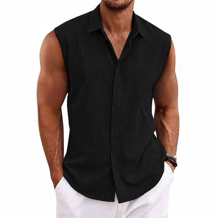 Versatile men's summer tank top, a relaxed fit sleeveless button-down shirt for casual beachwear.