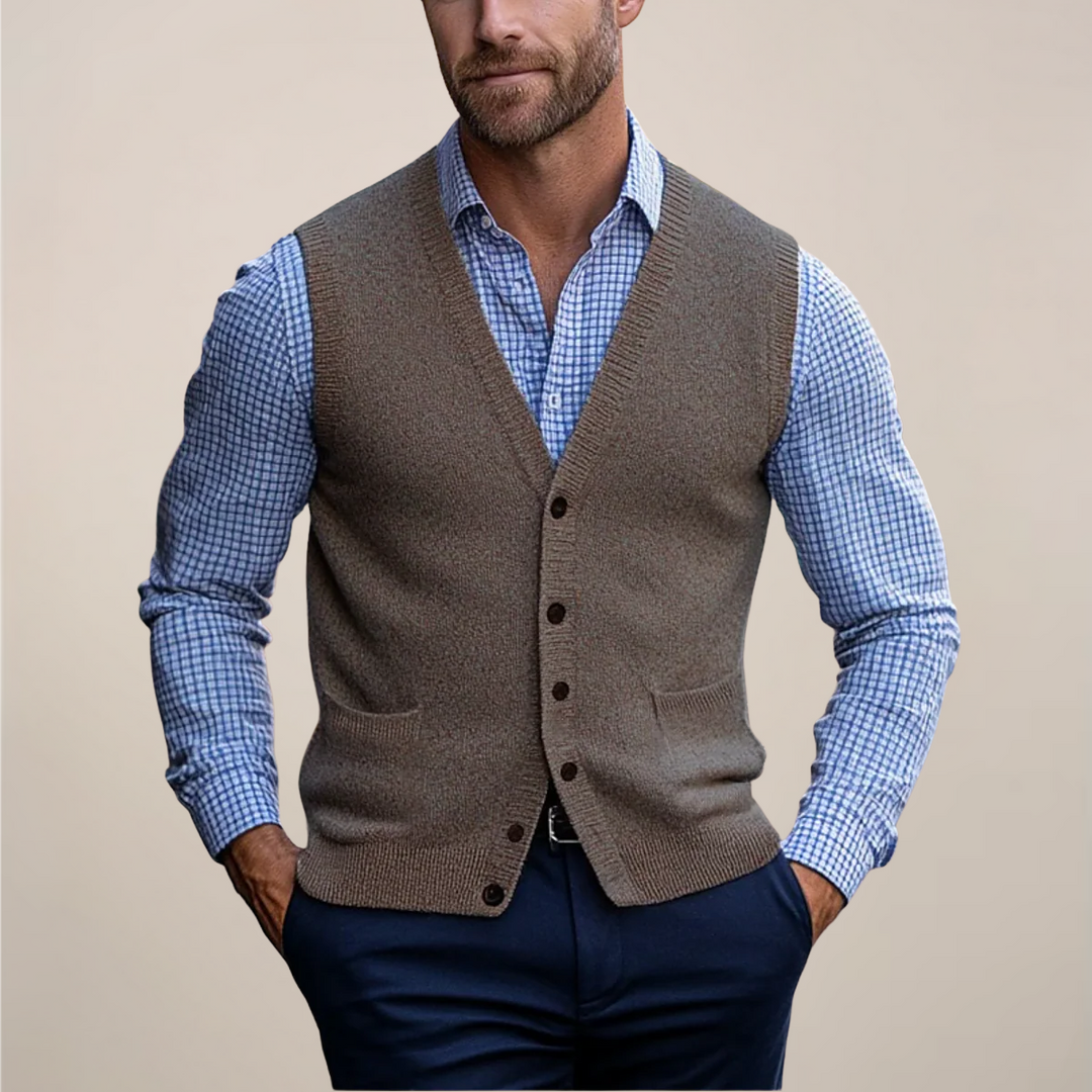 Men's sleeveless knit sweater vest for versatile layering. Perfect for smart casual or professional office wear.