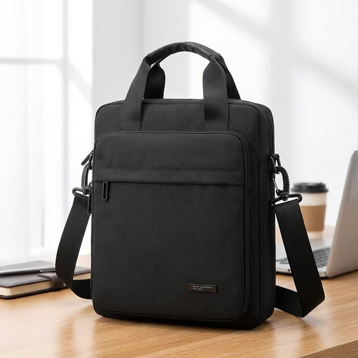 Men's slim black nylon business messenger bag with adjustable shoulder strap for professional laptop and work organization.