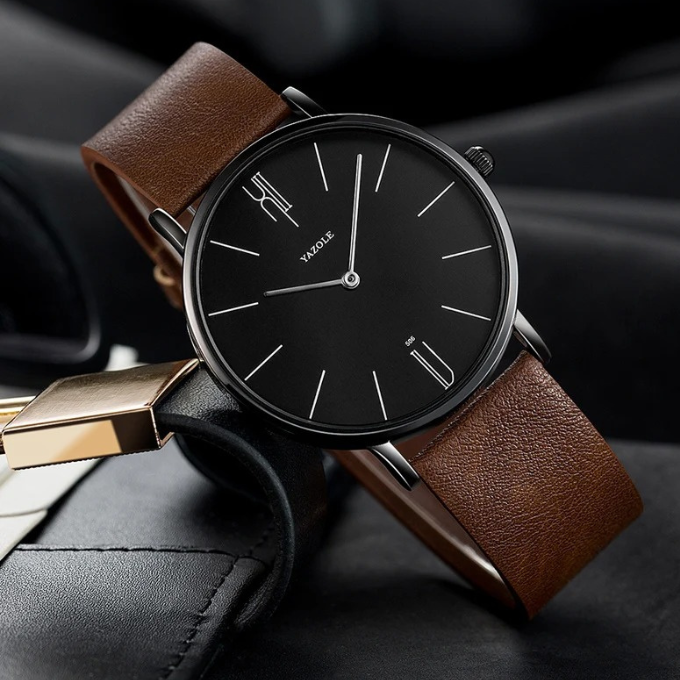Classic men's slim watch with a genuine cowhide leather strap, perfect for dress occasions.