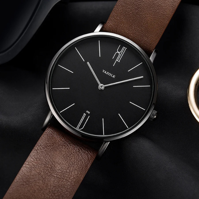 Elegant men's slim dress watch featuring a refined cowhide leather band for a sophisticated look.