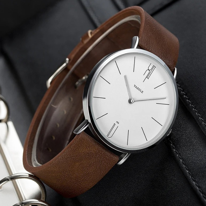Premium cowhide leather men's dress watch with a slim profile and classic design.