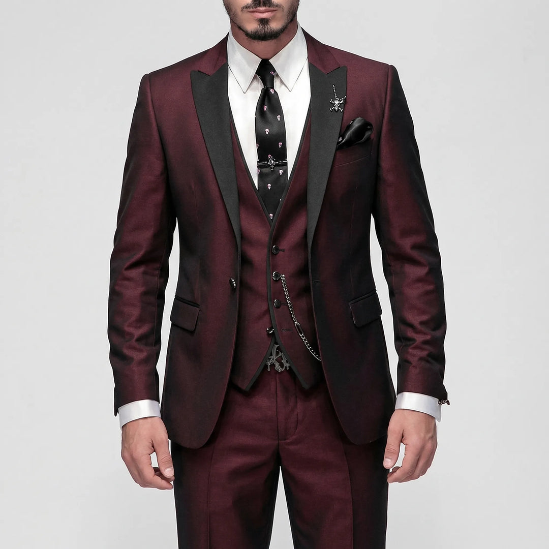 Elegant men's burgundy slim-fit 3-piece suit, perfect for weddings, parties, or business events.