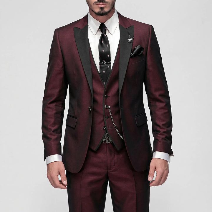 Elegant men's burgundy slim-fit 3-piece suit, perfect for weddings, parties, or business events.