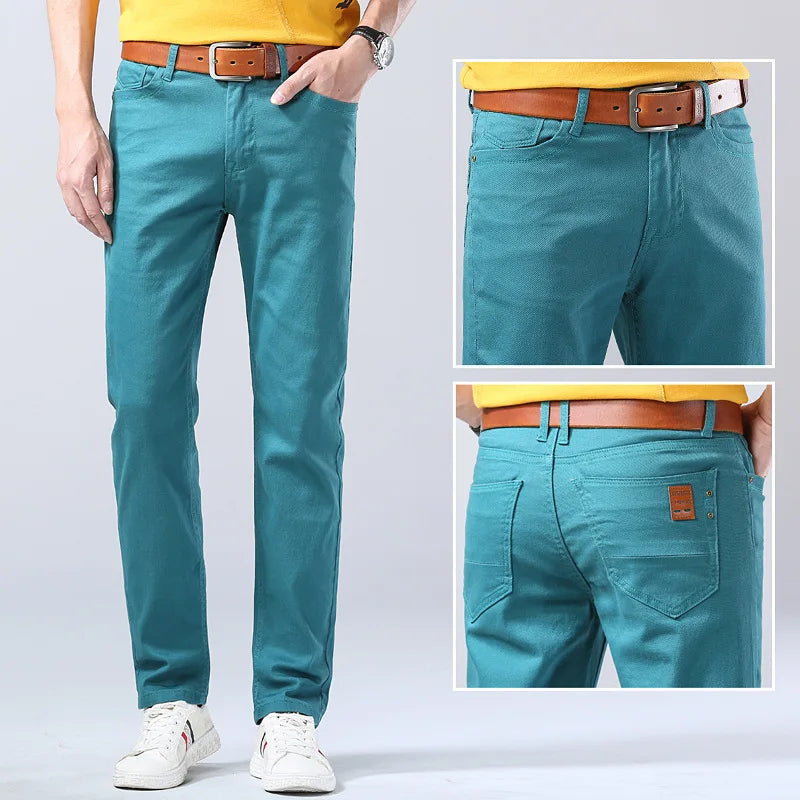 Close-up of durable blue denim fabric on men's slim fit jeans, highlighting comfort, quality, and style.