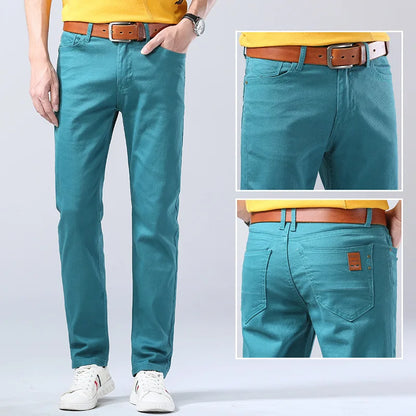 Close-up of durable blue denim fabric on men's slim fit jeans, highlighting comfort, quality, and style.