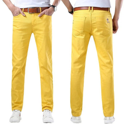 Back view of men's slim fit blue denim jeans, showing flattering cut & comfortable fit for versatile style.