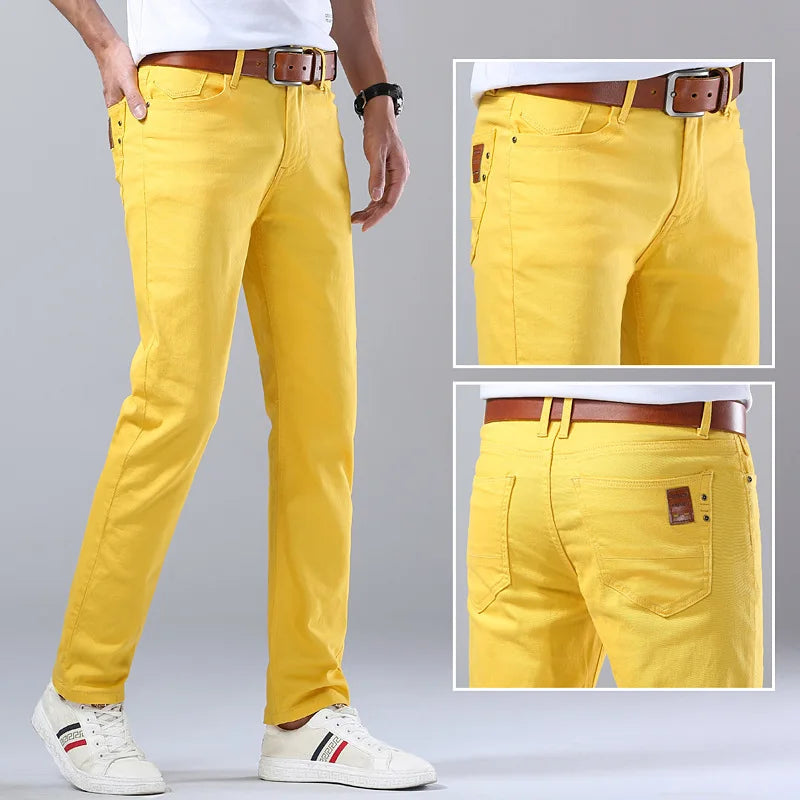 Neatly folded men's slim fit blue denim jeans, emphasizing comfort & versatile style for men's fashion.