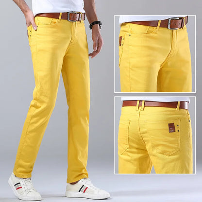 Neatly folded men's slim fit blue denim jeans, emphasizing comfort & versatile style for men's fashion.
