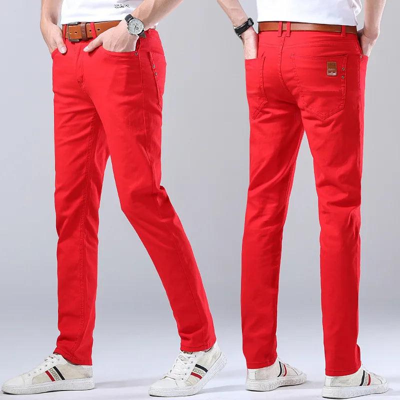 Men's comfortable slim fit colored denim jeans, versatile casual pants for diverse men's fashion.