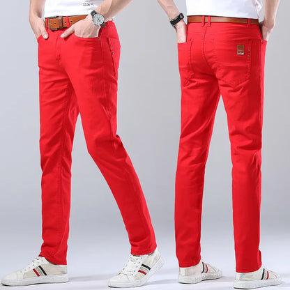 Men's comfortable slim fit colored denim jeans, versatile casual pants for diverse men's fashion.