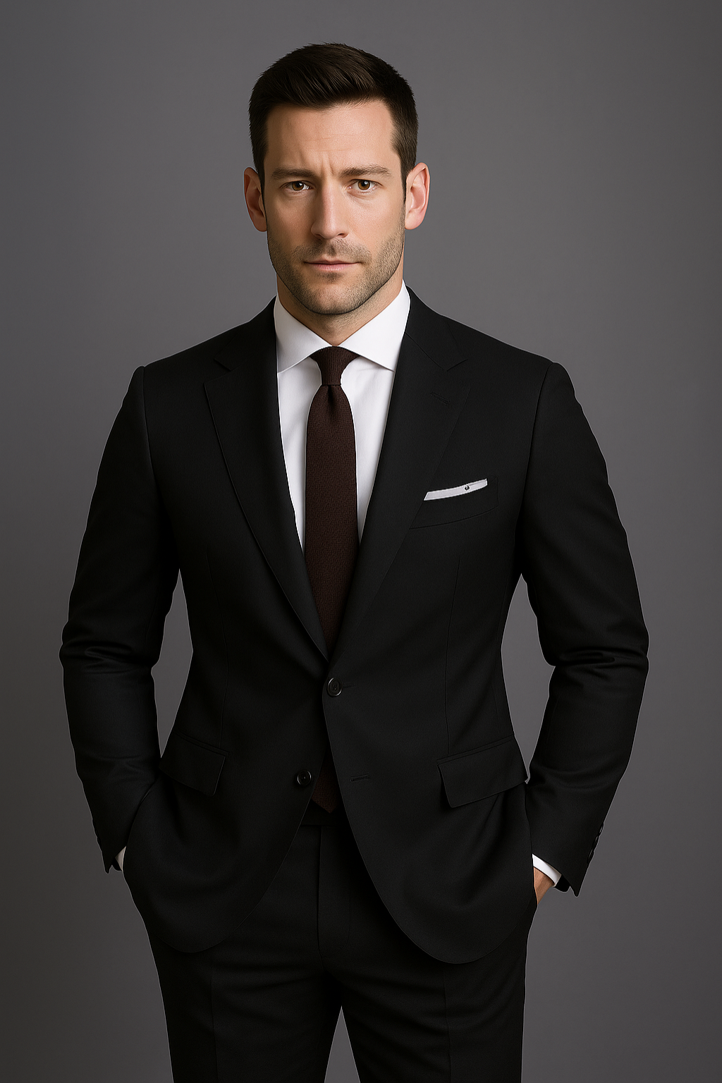 Tailored men's slim fit suit for business & formal events. Modern two-piece professional work attire.