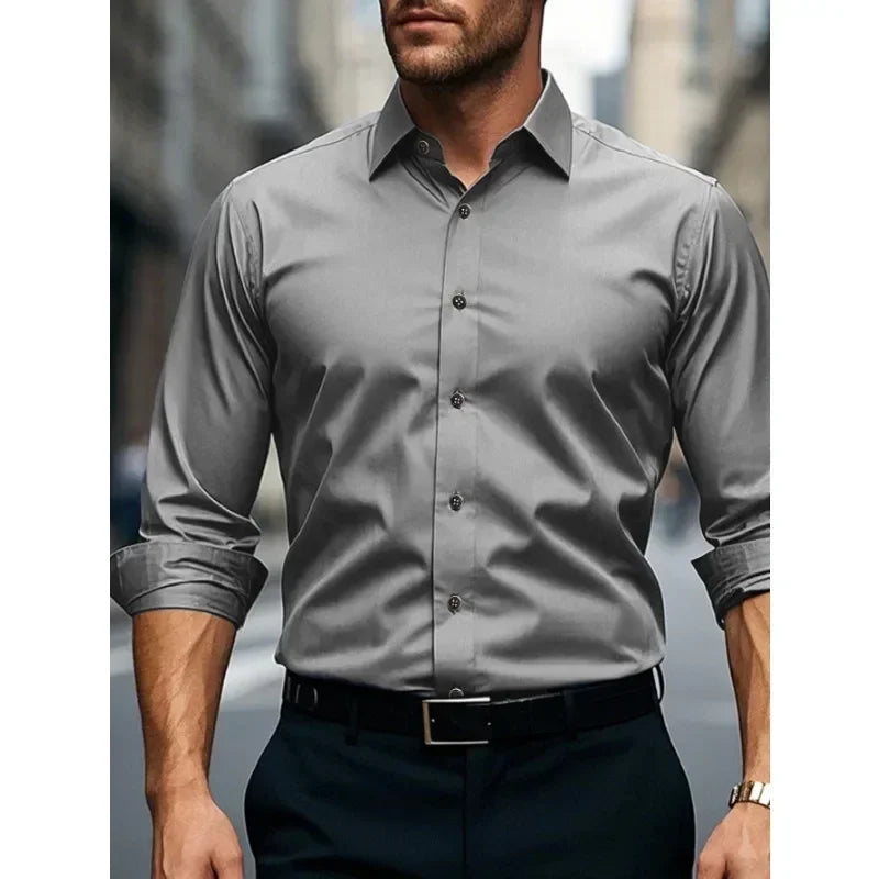 Versatile men's long sleeve button-down shirt with a tailored slim fit for any occasion.