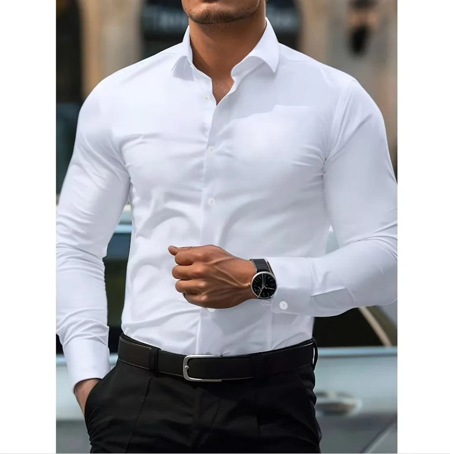 Tailored men's slim fit button-down shirt, offering a sharp, modern look for menswear.