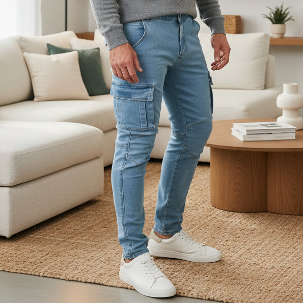Men's slim fit cargo jeans in dark wash, featuring multiple utility pockets for a modern streetwear look.