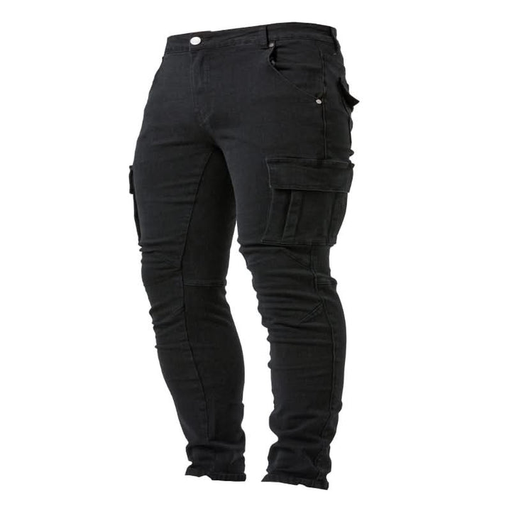 Front view of men's slim fit denim cargo jeans, showcasing practical pockets and modern design.