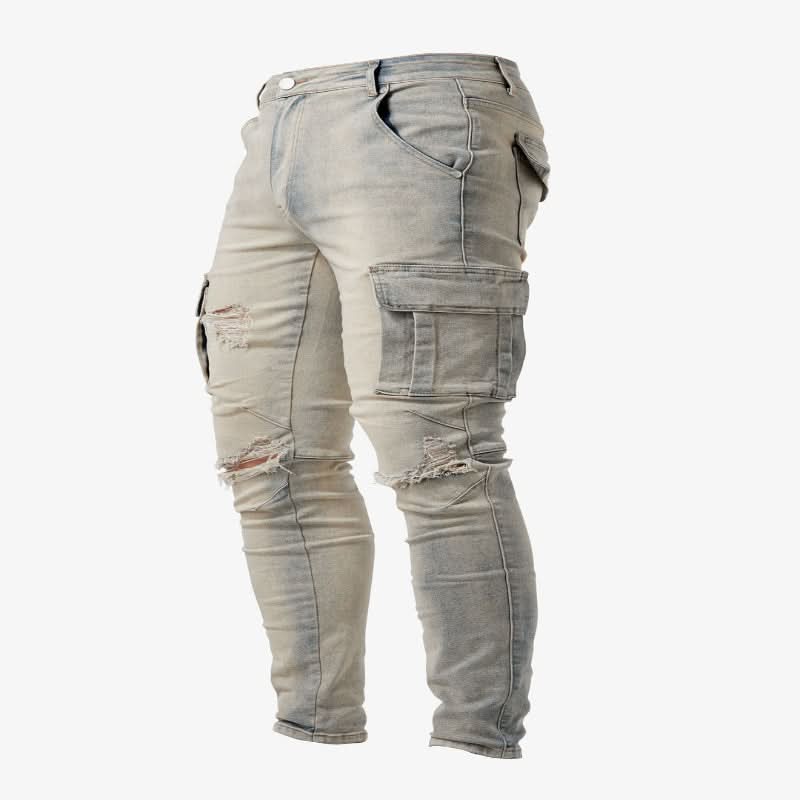 Streetwear men's slim fit cargo jeans, comfortable denim with essential pockets for versatile styling.