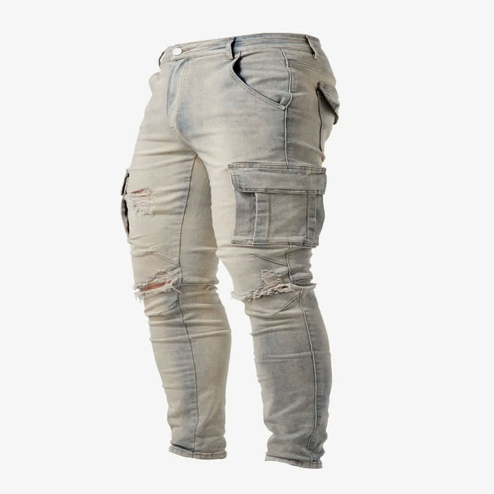Streetwear men's slim fit cargo jeans, comfortable denim with essential pockets for versatile styling.