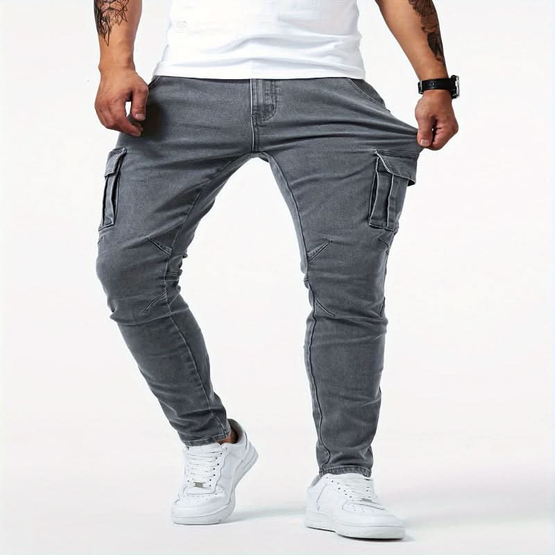 Modern men's slim fit multi-pocket cargo jeans, durable denim for a comfortable and stylish look.