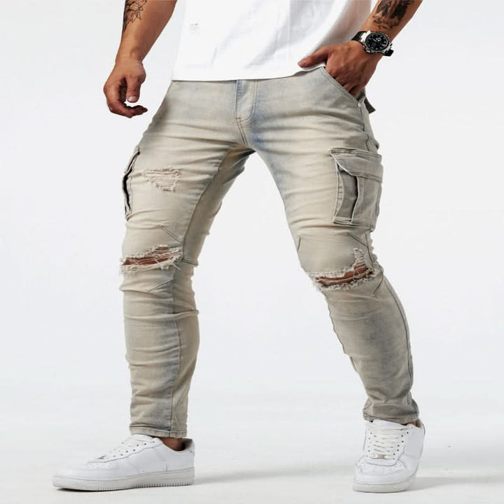 Man wearing slim fit cargo jeans, showing essential pockets & casual modern style for versatile outfits.