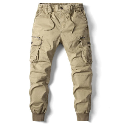 Men's slim fit cargo pants in khaki, perfect for casual wear, utility, and modern outdoor style. Comfortable & versatile.