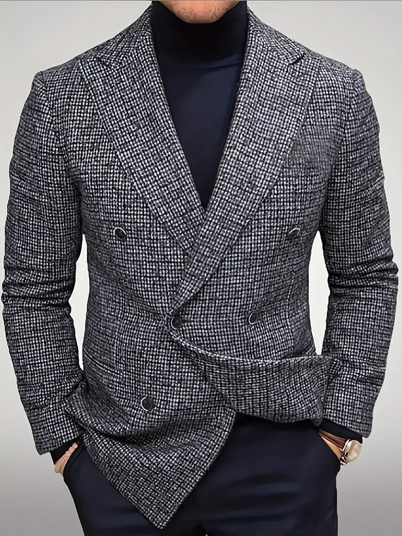Fashionable men's slim fit check double-breasted blazer, perfect for office style, event attire, or sophisticated looks.
