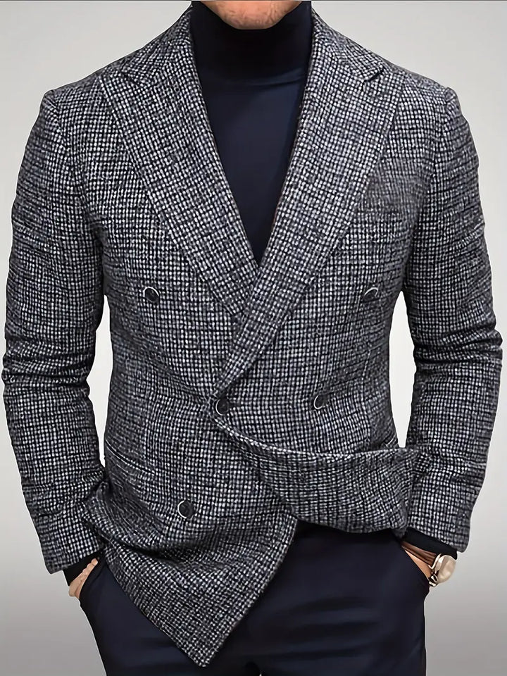 Fashionable men's slim fit check double-breasted blazer, perfect for office style, event attire, or sophisticated looks.