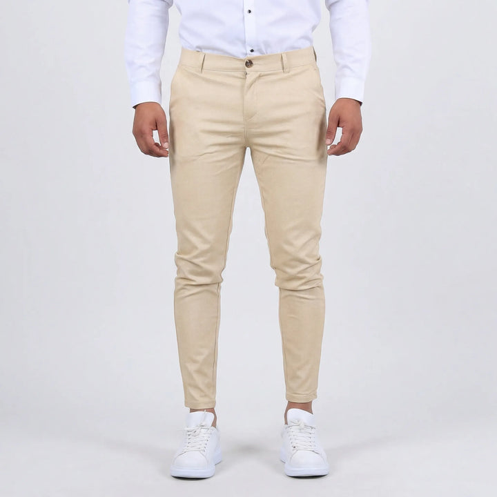 Stylish men's tapered chino pants with a comfortable slim fit for everyday fashion.