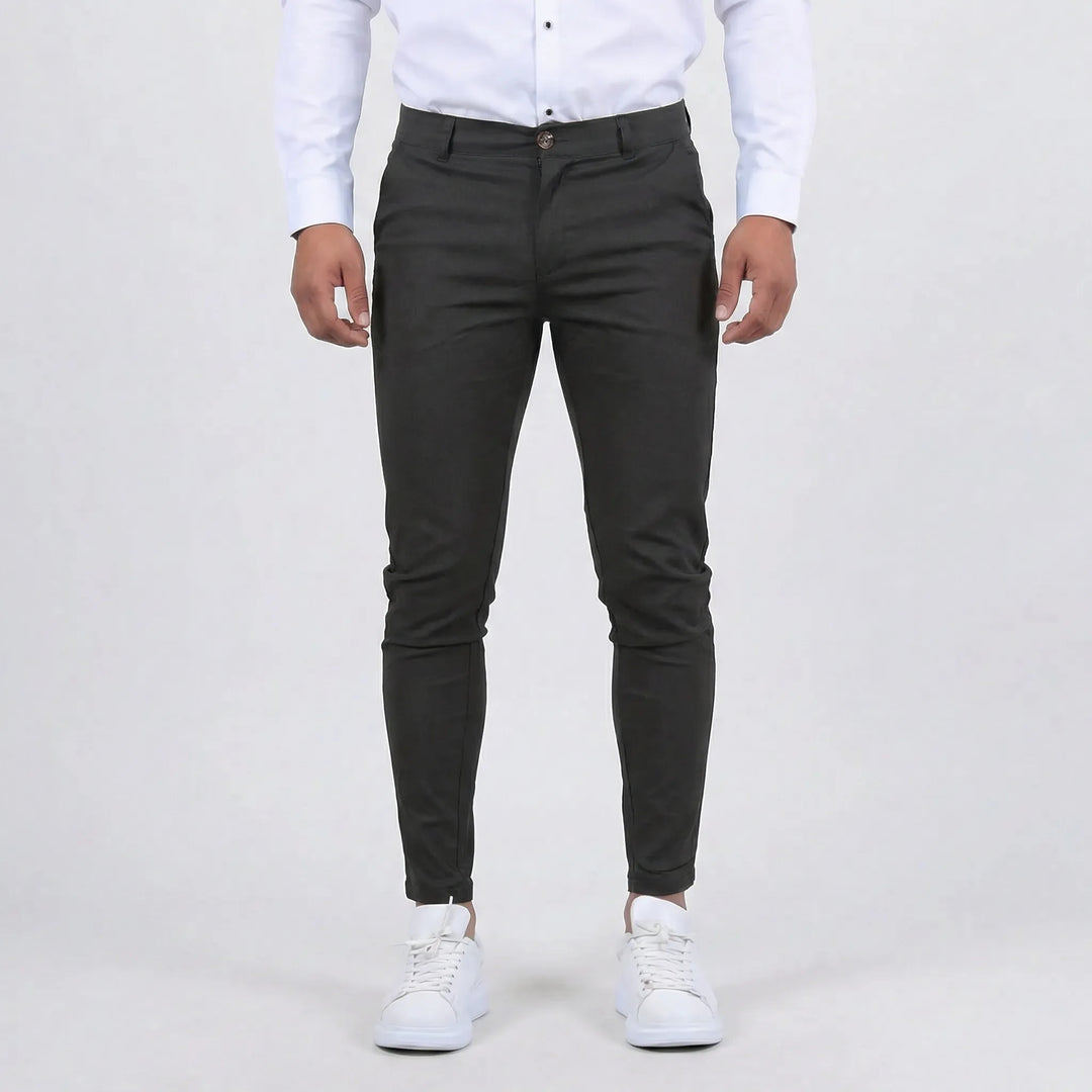 Men's stylish tapered slim fit chino pants, great for modern everyday and office fashion.