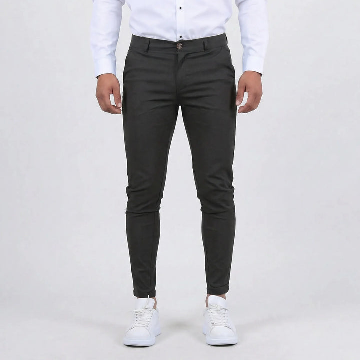 Men's stylish tapered slim fit chino pants, great for modern everyday and office fashion.